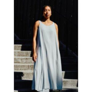 Eileen Fisher 100% Irish Linen Tank Midi Dress Womens Large Blue Flowy Lagenlook